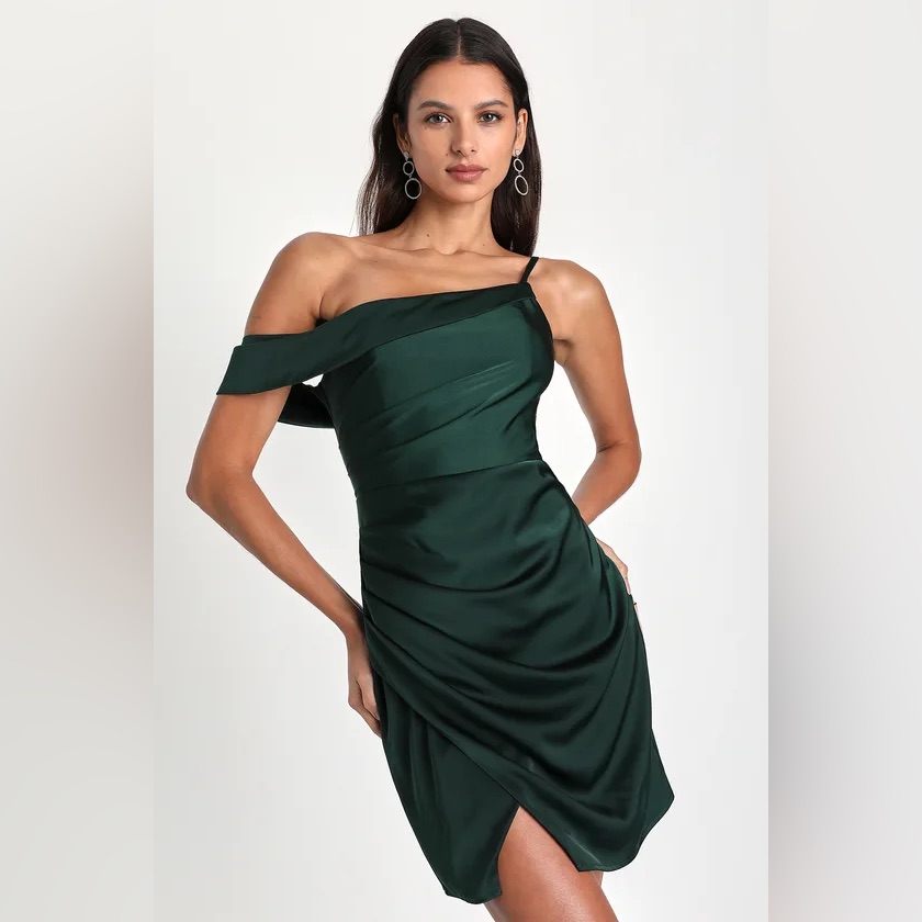 Lulu's Green Asymmetrical Ruched Cocktail Dress